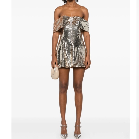 Self Portrait Gold Sequin Off Shoulder Mini Dress Size 4 Women Party Cocktail - Picture 1 of 16
